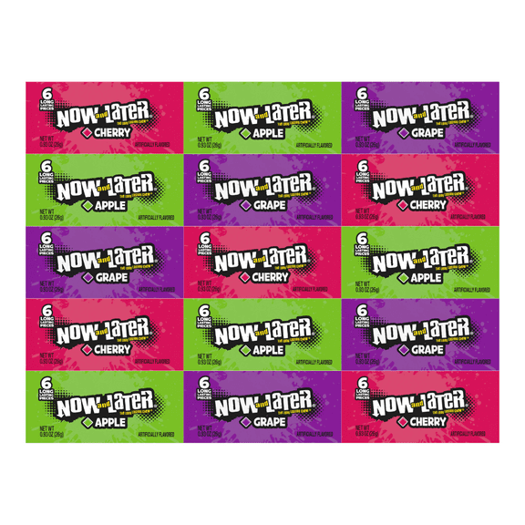 Variety Pack Candy Now and Later - 5 Each of Grape, Apple, Cherry - 0.93 oz, 15 Pack - Individually Wrapped, Long-Lasting Chewy Candy, Perfect for Snacking, Parties & Sharing
