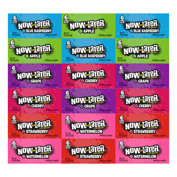 Variety Pack Candy Now and Later, Individually Wrapped, 18 Count - Includes Blue Raspberry, Apple, Grape, Cherry, Strawberry, Watermelon, 0.93 oz Each, Perfect for Sharing