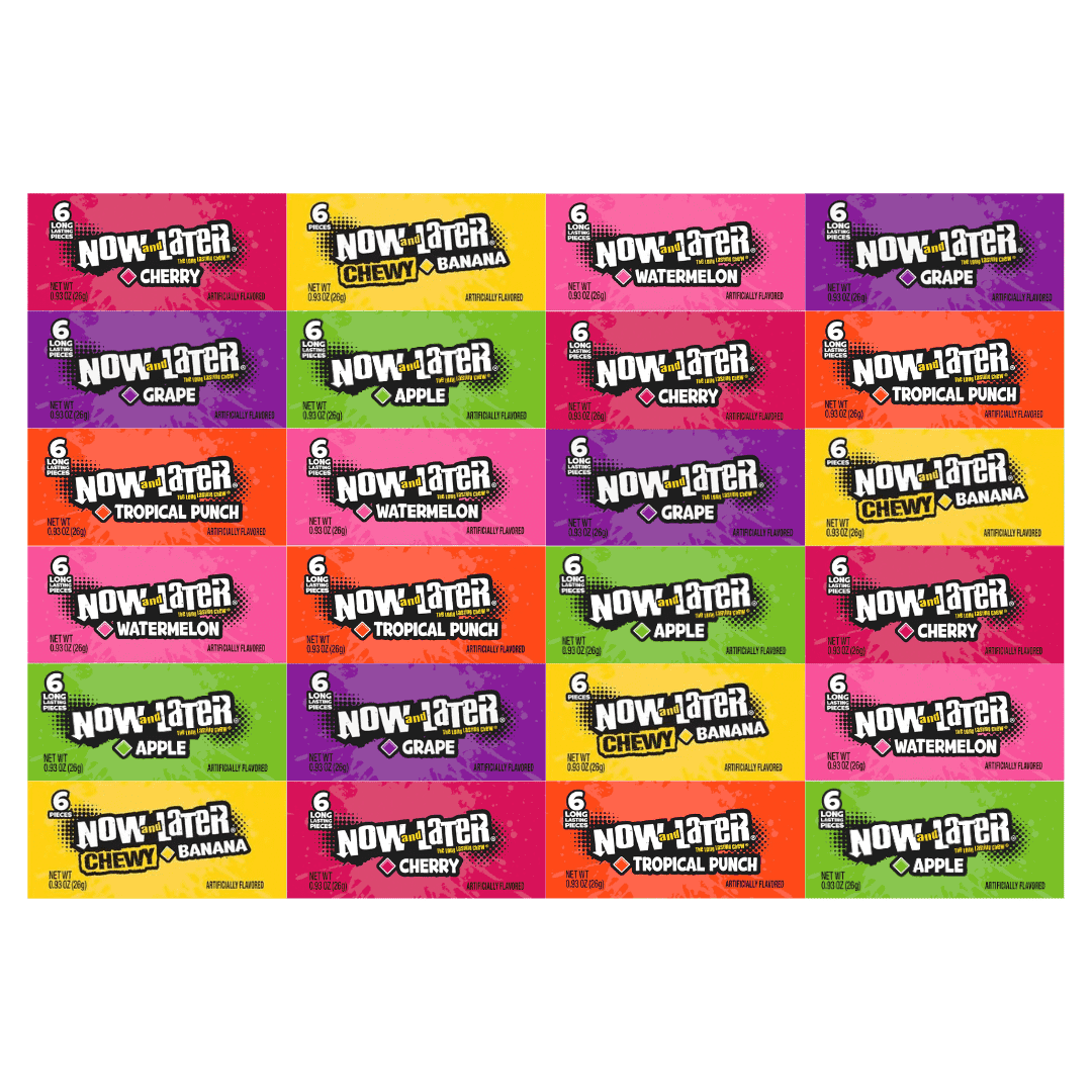Variety Pack Candy Now and Later, Individually Wrapped Chewy Candy, Cherry, Tropical Punch, Grape, Watermelon, Apple, Banana, 0.93 oz, 24-Pack, Long-Lasting Sweet Treats