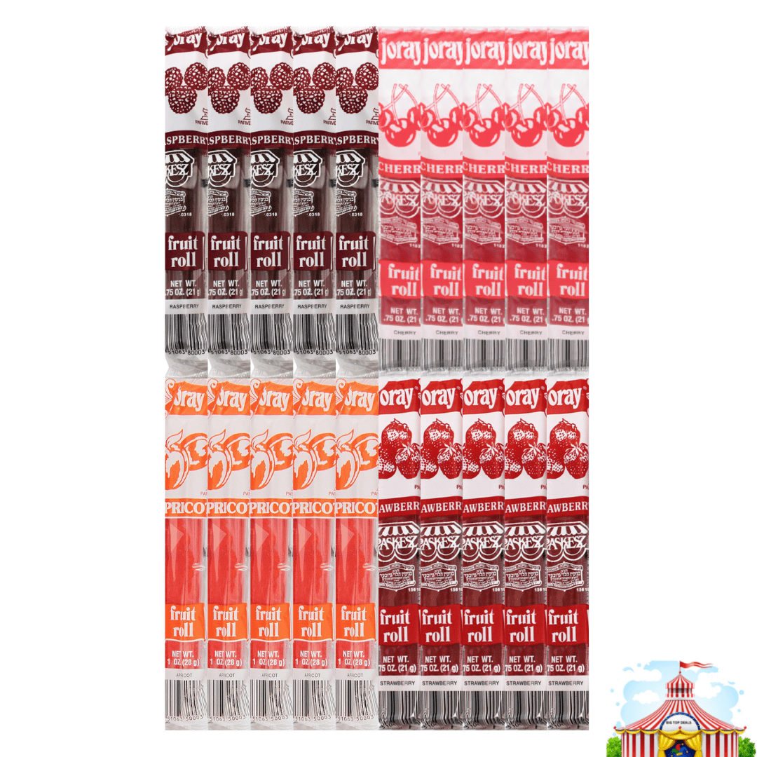 Variety Pack Fruit Roll Joray - 4 Delicious Flavors (Raspberry, Apricot, Strawberry, Cherry) 5 Each Flavor, 20 Pack - 0.75 Oz - Soft & Chewy Fruit Leather - Snack for Kids & Adults
