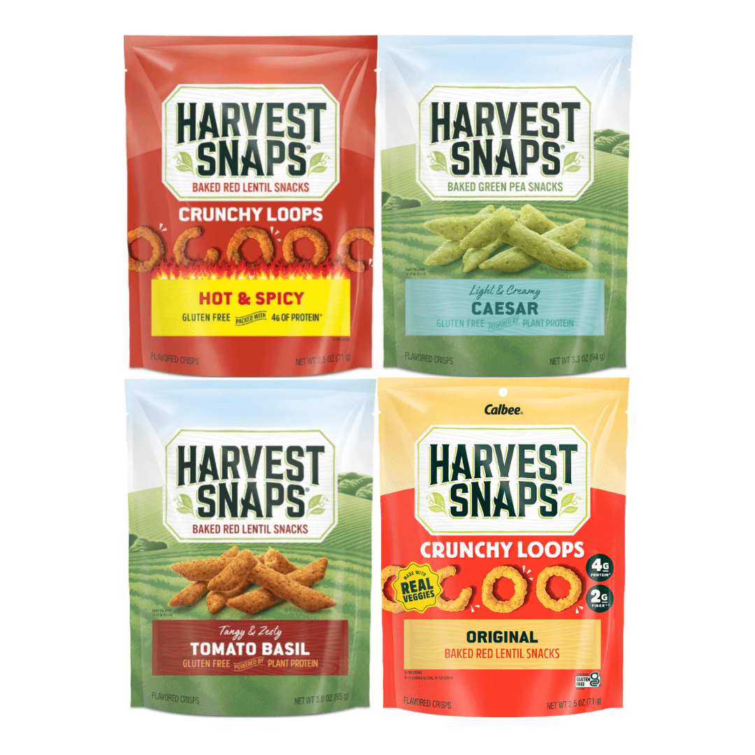 Variety Pack Harvest Snaps Veggie Chips, 4 Flavor Assortment - Tomato Basil, Caesar, Original , Hot & Spicy - 4 Pack, Gluten-Free Snacks, Plant-Based Protein, Healthy Crunchy Snack Option