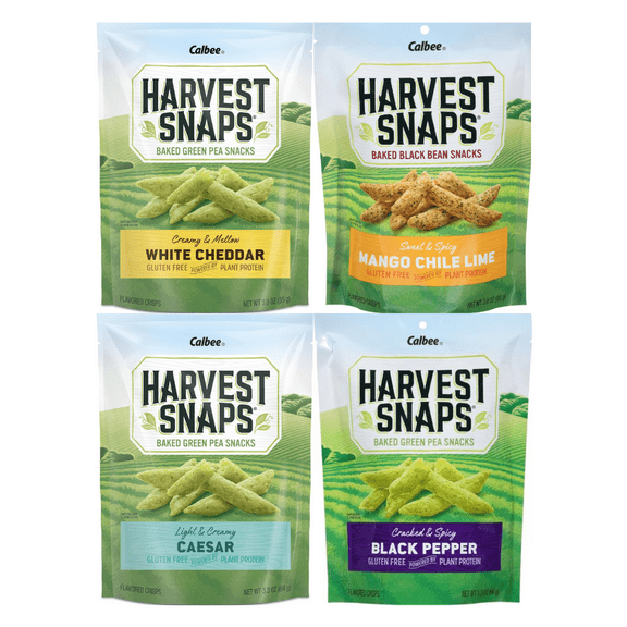 Variety Pack Harvest Snaps Veggie Chips - 4 Flavor Combo: White Cheddar, Mango Chili Lime, Caesar, Black Pepper - Gluten-Free, Plant-Based Snack - Crunchy and Flavorful - 4 Pack