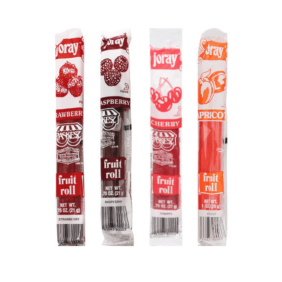 Variety Pack Joray Fruit Roll - 4 Flavor Fruit Leather - Raspberry, Apricot, Strawberry, Cherry - Individually Wrapped - 4 Pack (0.75 Oz Each) - Snack for Kids & Adults - Perfect On-the-Go Treat