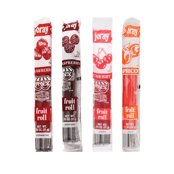 Variety Pack Joray Fruit Roll - 4 Flavor Fruit Leather - Raspberry, Apricot, Strawberry, Cherry - Individually Wrapped - 4 Pack (0.75 Oz Each) - Snack for Kids & Adults - Perfect On-the-Go Treat