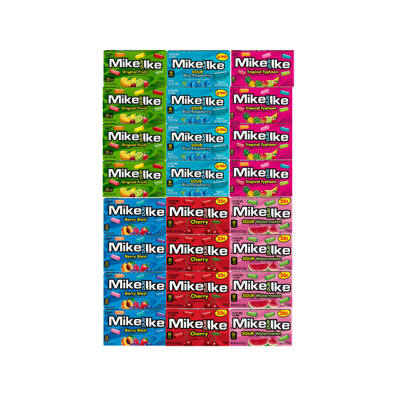 Variety Pack Mike and Ike Candy, 4 Each Flavor, Sour Blue Raspberry, Tropical Typhoon, Original Fruits, Berry Blast, Cherry, Sour Watermelon, 0.78 Oz, 24 Pack, Chewy Fruity Candy for Snacking