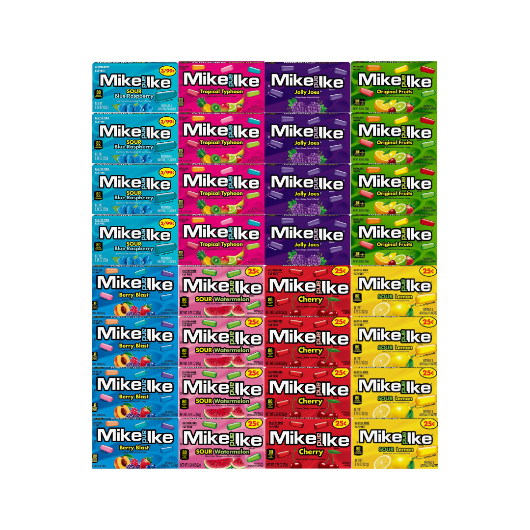 Variety Pack Mike and Ike Candy, 4 Each Sour Blue Raspberry, Jolly Joes, Tropical Typhoon, Original Fruits, Berry Blast, Cherry, Sour Watermelon, Sour Lemon, 0.78 oz Snack Size, 32 Pack