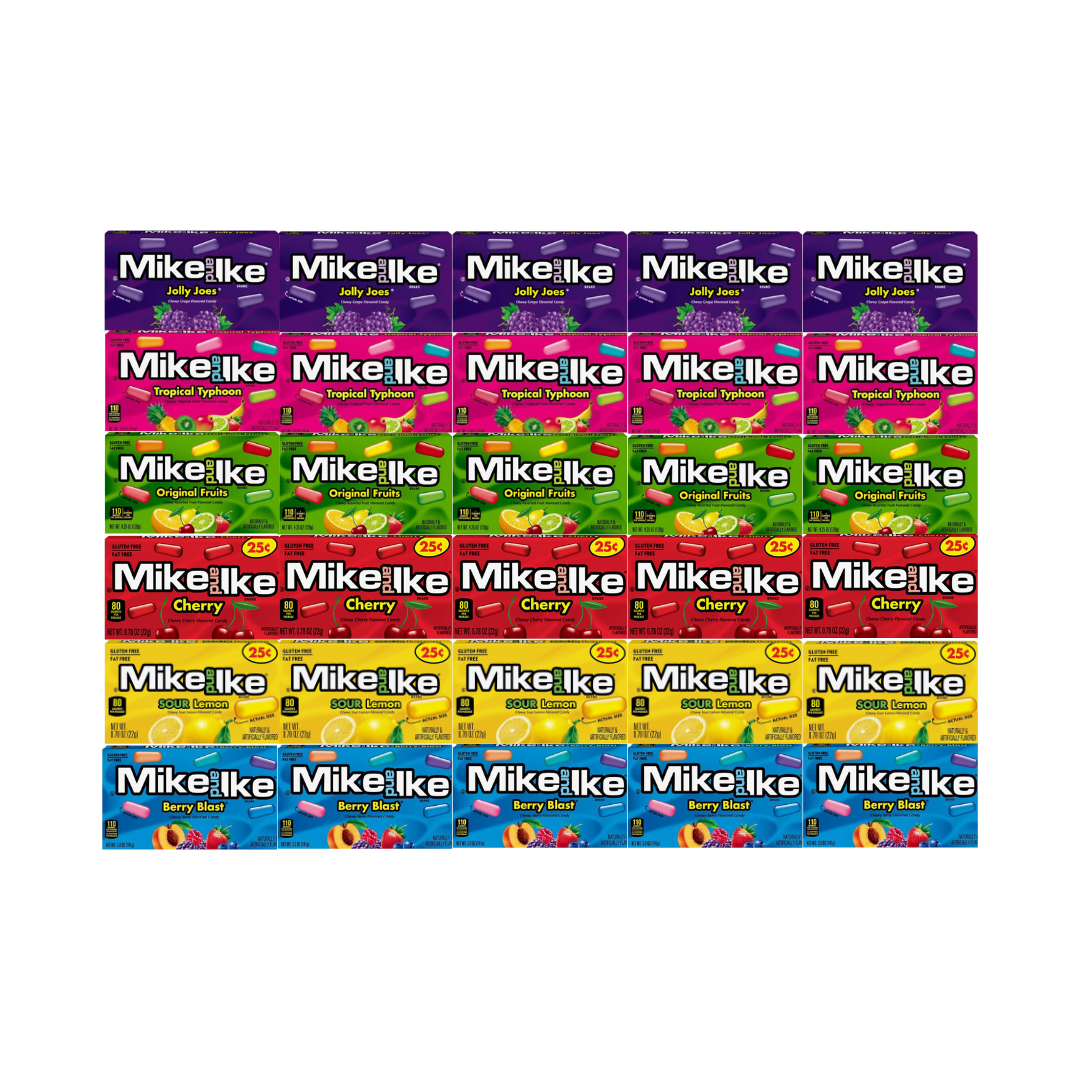 Variety Pack Mike and Ike Candy, Assorted Fruity Chewy Candy, Includes Jolly Joes, Tropical Typhoon, Original Fruits, Cherry, Sour Lemon, Berry Blast, 5 of Each Flavor, 30 Pack, 0.78 oz per Box