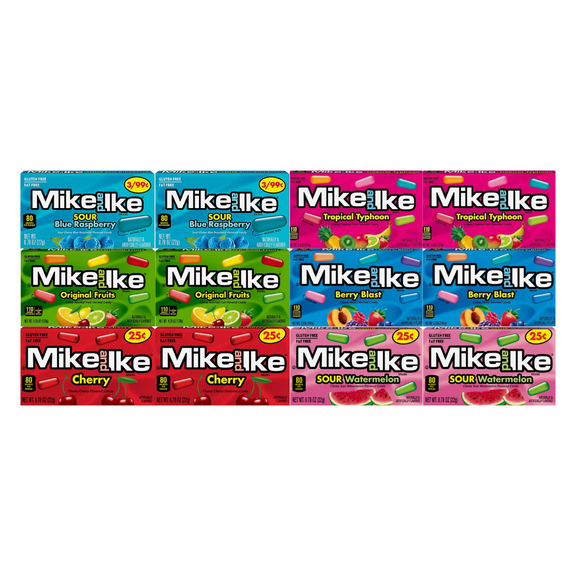 Variety Pack Mike and Ike Candy Assortment, 12 Pack, 2 Each Flavor, Includes Sour Blue Raspberry, Tropical Typhoon, Original Fruits, Berry Blast, Cherry, Sour Watermelon, 0.78 Oz