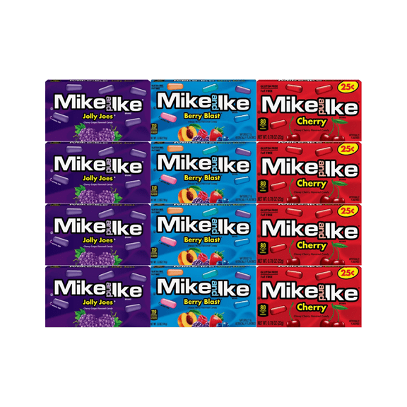 Variety Pack Mike and Ike Candy  Jolly Joes, Berry Blast, Cherry  4 Each Flavor  12 Pack  Chewy Fruity Candy  Snack Size 0.78 oz Boxes  Bold and Juicy Flavors  Perfect for Parties, Sharing