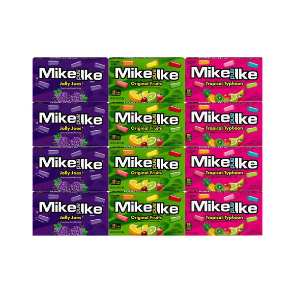 Variety Pack Mike and Ike Candy Jolly Joes, Original Fruits, Tropical Typhoon 4 Each Flavor Assorted Chewy Fruit Candy Bulk 12 Pack 0.78 oz Boxes