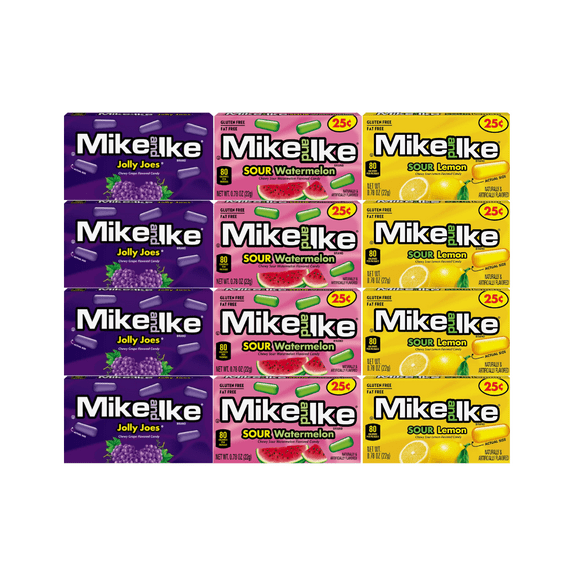 Variety Pack Mike and Ike Candy Jolly Joes, Sour Watermelon, Sour Lemon 4 of Each Flavor 12 Pack Chewy Fruity Candy Individually Wrapped 0.78 oz Packs Bulk Shareable Treats