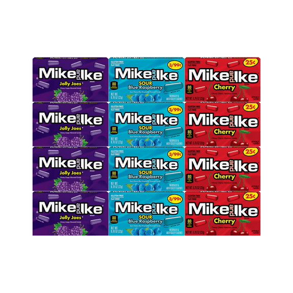 Variety Pack Mike and Ike Candy, Sour Blue Raspberry, Jolly Joes, Cherry, 4 Each Flavor, 12 Pack, Chewy Fruity Candy, Individual Snack Packs, Party Favors, Movie Night Treats, 0.78 oz Each
