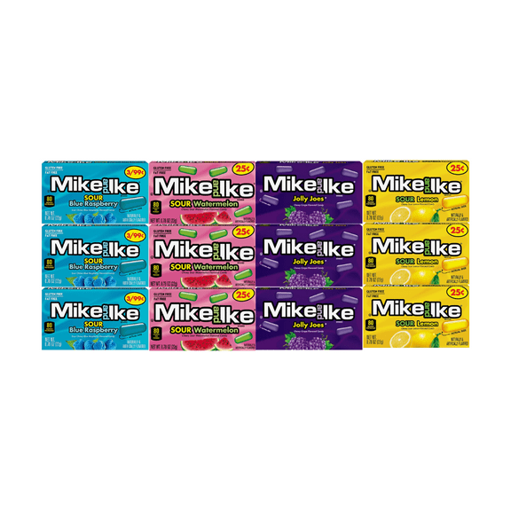 Variety Pack Mike and Ike Candy, Sour Blue Raspberry, Jolly Joes, Sour Watermelon, Sour Lemon, 3 Each Flavor, 0.78 oz, 12 Pack Chewy Fruit-Flavored Candy, Individually Wrapped for Snacking