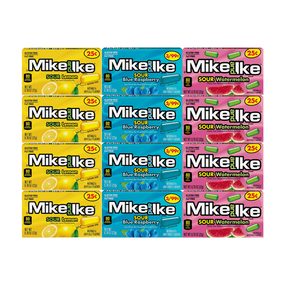 Variety Pack Mike and Ike Sour Candy Assortment, Sour Blue Raspberry, Watermelon, Lemon, 4 Each Flavor, 0.78 Oz, 12 Pack Chewy Fruit-Flavored Candy in Individual Boxes Perfect for Snacking