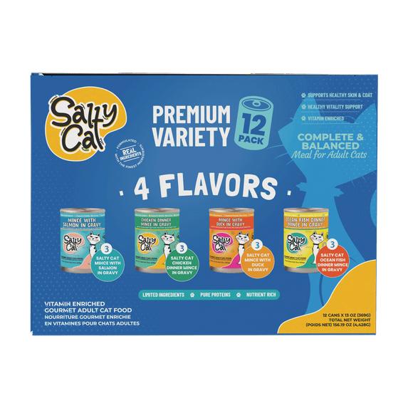 Salty Cat Premium Corn-Free Salmon, Chicken, Duck & Ocean Fish Flavor Mince in Gravy Wet Cat Food Variety Pack, 156 oz (12 Pack)