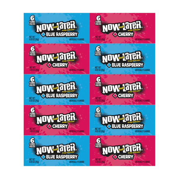 Variety Pack Now and Later Candy 10 Individually Wrapped Pieces, Cherry and Blue Raspberry, Long-Lasting Chewy Candy for Snacking, 0.93 oz Per Pack, Great for Sharing and Gifting