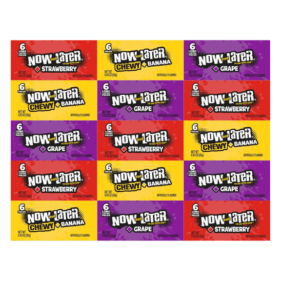 Variety Pack Now and Later Candy, 15 Individually Wrapped Pieces, Long-Lasting Chewy Candy, Includes Banana, Grape, and Strawberry, 0.93 oz per Pack, Perfect for Sharing, Parties, and On-the-Go
