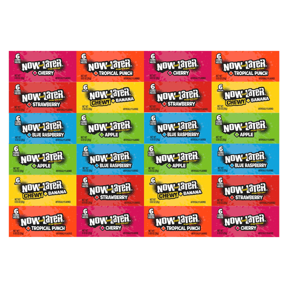 Variety Pack Now and Later Candy - 24 Individually Wrapped Packs, Includes Strawberry, Blue Raspberry, Apple, Banana, Cherry, Tropical Punch - 0.93 oz Each, Perfect for Sharing