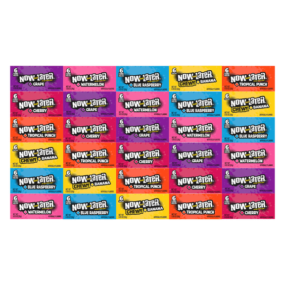 Variety Pack Now and Later Candy, 30 Individually Wrapped Pieces, 5 Each of Cherry, Grape, Tropical Punch, Banana, Blue Raspberry, Watermelon, 0.93 oz, Bulk Assortment for Candy Lovers