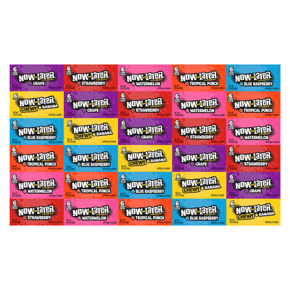 Variety Pack Now and Later Candy, 30 Individually Wrapped Pieces, 5 Each of Grape, Banana, Blue Raspberry, Tropical Punch, Watermelon, Strawberry, 0.93 oz