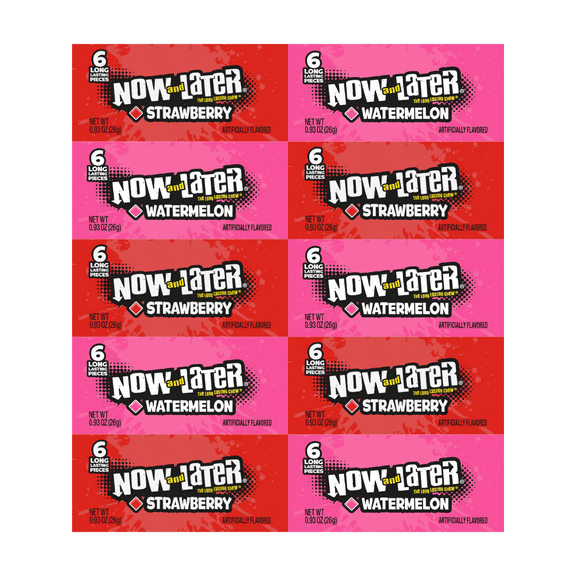 Variety Pack Now and Later Candy, Individually Wrapped Chewy Candy, Long-Lasting Strawberry and Watermelon Flavors, 10 Pack, Convenient 0.93 oz Packs for Snacking Anytime