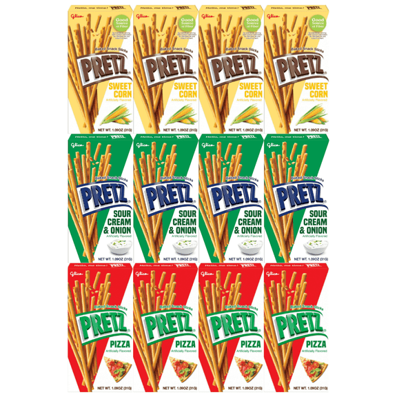 Variety Pack Sweet Corn Baked Snack Sticks Pretz - 3 Exciting Flavors: Sweet Corn, Pizza, Sour Cream & Onion - 1.09 Ounce, 4 Packs of Each Flavor - Total 12 Packs - Delicious Pretzel Sticks
