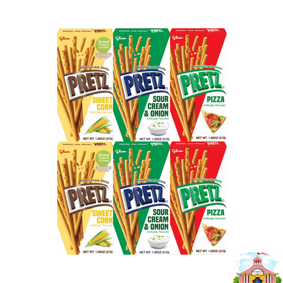 Variety Pack Sweet Corn Baked Snack Sticks Pretz - Sweet Corn, Pizza, Sour Cream & Onion, 3 Savory Flavors, 1.09 oz Each, 2 Packs of Each Flavor, 6-Pack Total, Tasty Crunchy Pretzel Snack