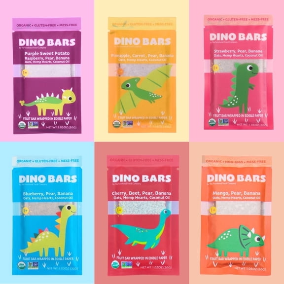 Dino Bars Organic Fruit Bar for Kids | Fruit Oats Hemp Hearts with Edible Paper | Try Them All 6 Flavors - 24 Pack