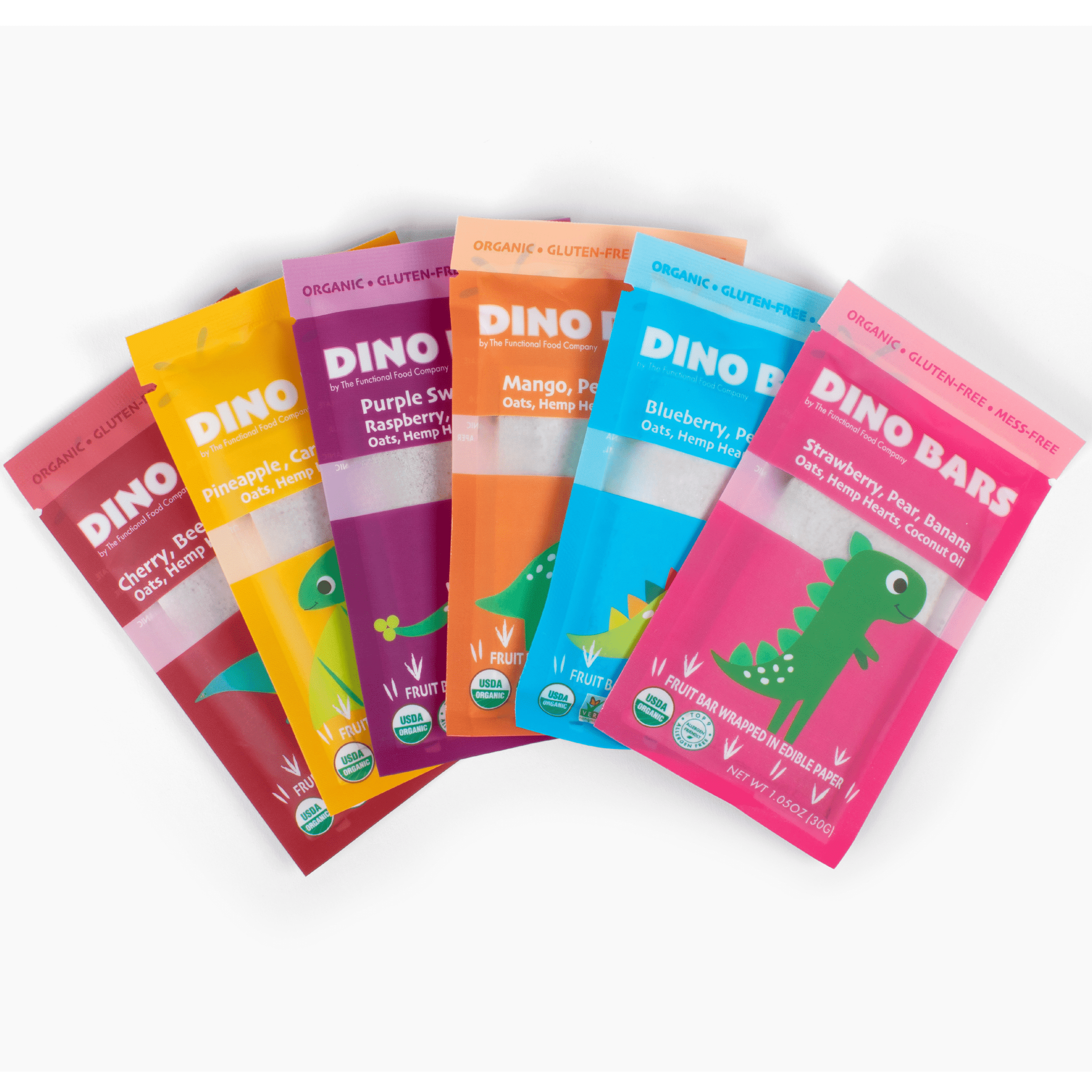 Dino Bars Organic Fruit Bar for Kids | Fruit + Oats + Hemp Hearts with Edible Paper | Try Them All 6 Flavors - 30 Pack