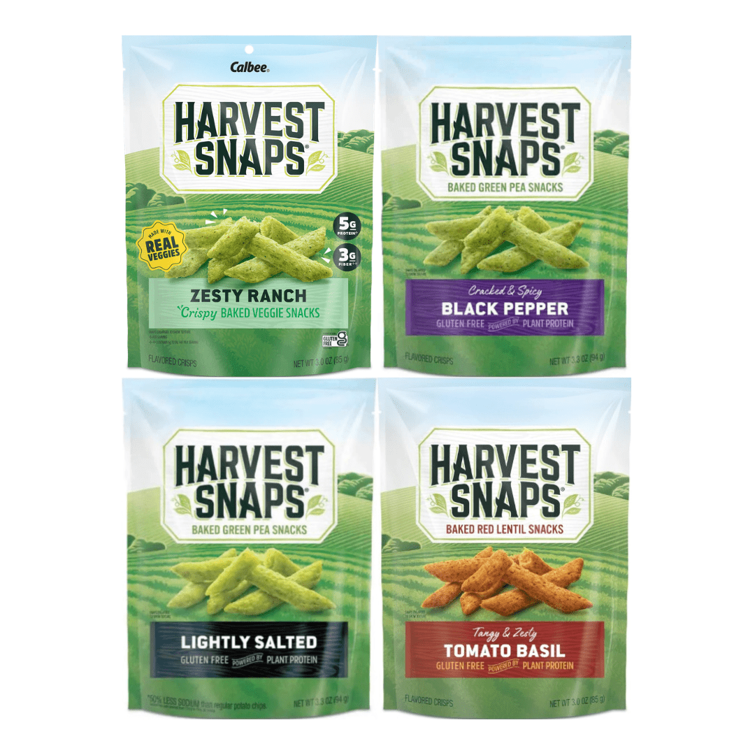 Variety Pack Veggie Chips Harvest Snaps – Zesty Ranch, Black Pepper, Lightly Salted, Tomato Basil – 4 Flavors – Gluten-Free, Plant-Based Protein, Low-Calorie, Crunchy Snack – 4 Pack