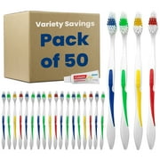Variety Savings 50 Toothbrushes Bulk Wholesale Quantity Standard Size, Dental Care Toiletries, Medium Soft Bristles, Individually Wrapped, Homeless Care, Disposable Use, Hotels, Travel,