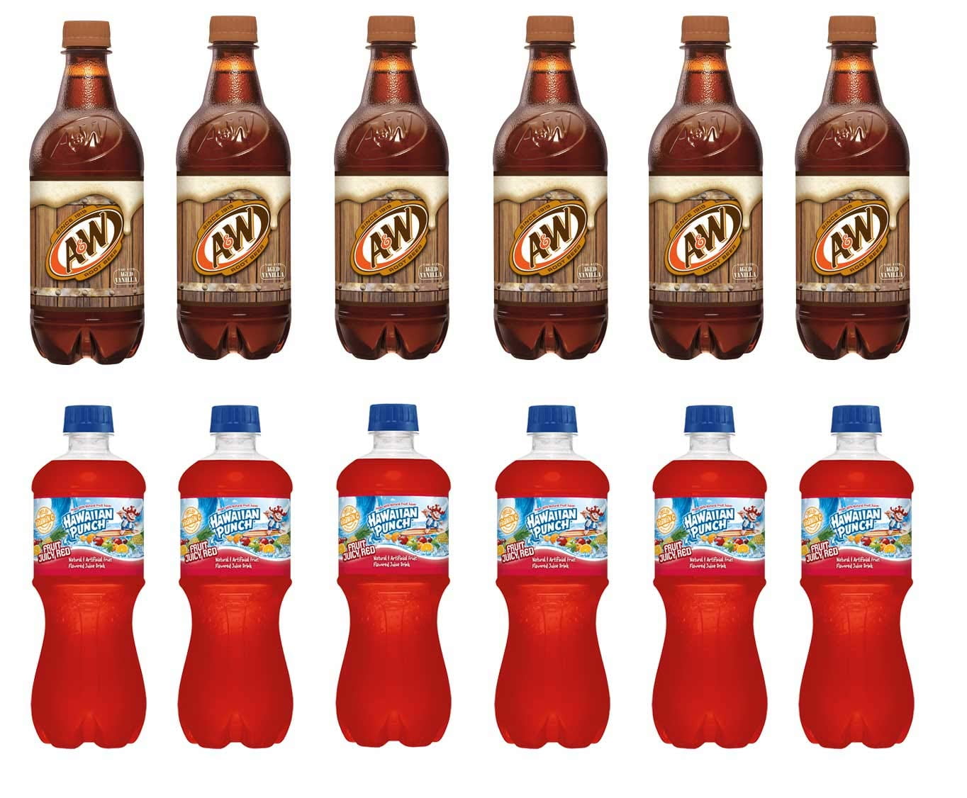 Variety Soft Drinks Pack , 20 oz , Pack of 12, A&W Root Beer , HAWAIIAN Punch Fruit Juicy Red