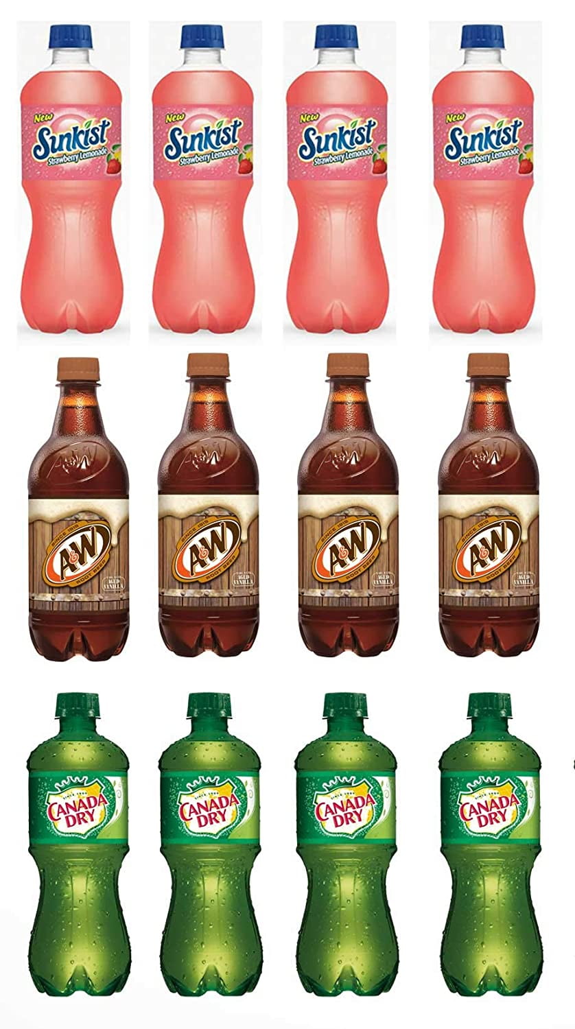 Variety Soft Drinks Pack , 20 oz , Pack of 12, Canada Dry Ginger Ale , A&W Root Beer, Sunkist