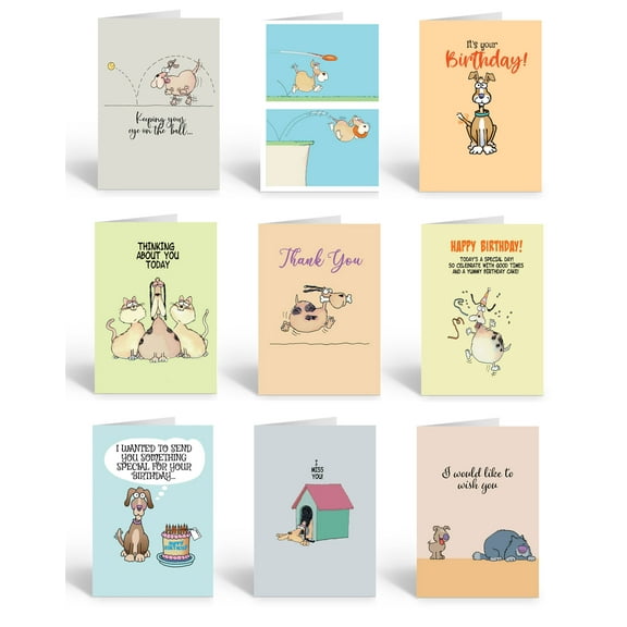 Variety of Funny Dog Themed Greeting Cards - 9 Cards with Envelopes - Dog - 745