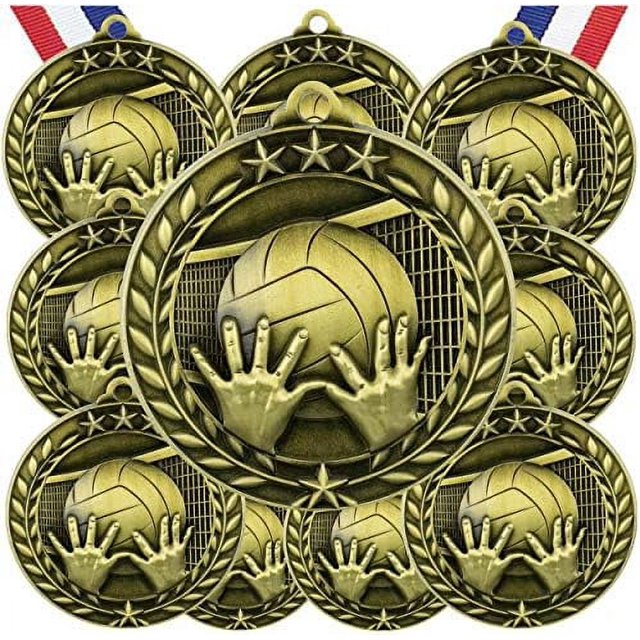 Various 10 Pack Styles Of Volleyball Award Medals With Neck Ribbons