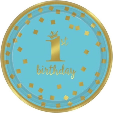 Various 1st Birthday Blue and Gold Disposable Paper Plates, 7", 8 Count, (1 Pack)