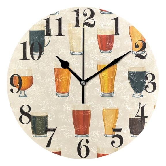Various Beer Glasses Round Wall Clock Battery Operated Silent Non-Ticking Bedroom Office Kitchen Home School Decor 10"(Black)
