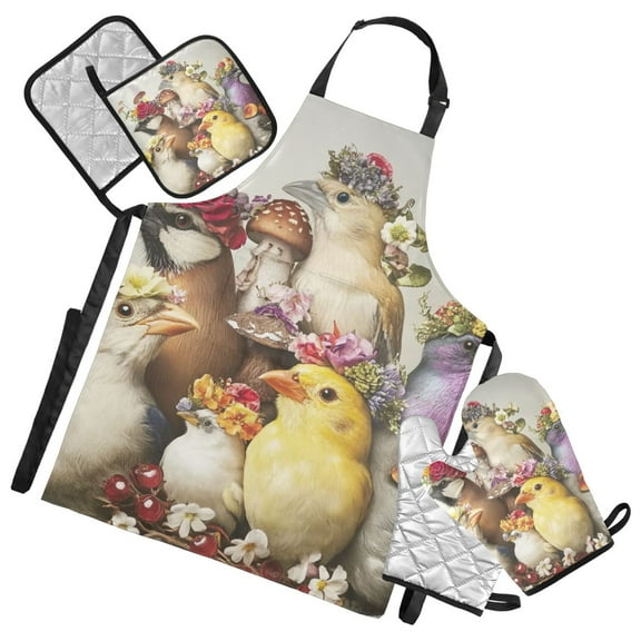 Various Birds Oven Mitts and Pot Holders with Chef Apron Set 5 Pcs Kitchen Cooking Set