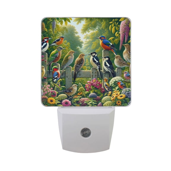 Various Birds on Wooden Fence Night Light 2 Pack LED Nightlight Plug into Wall Dusk to Dawn Sensor Soft White