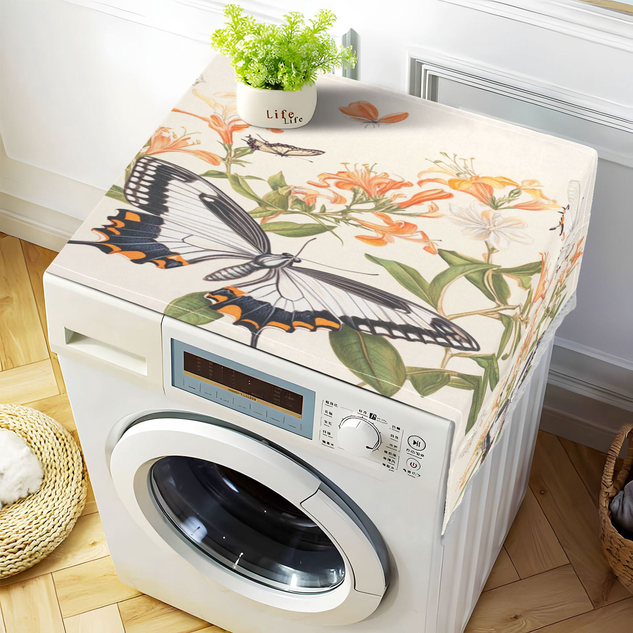 Various ButterfliesWasher and Dryer Covers Dust-Proof and Oil Resistant Fridge Cover with 4 Storage Pockets Washing Machine Top Cover for Laundry Kitchen Home 51.2 x 22 In