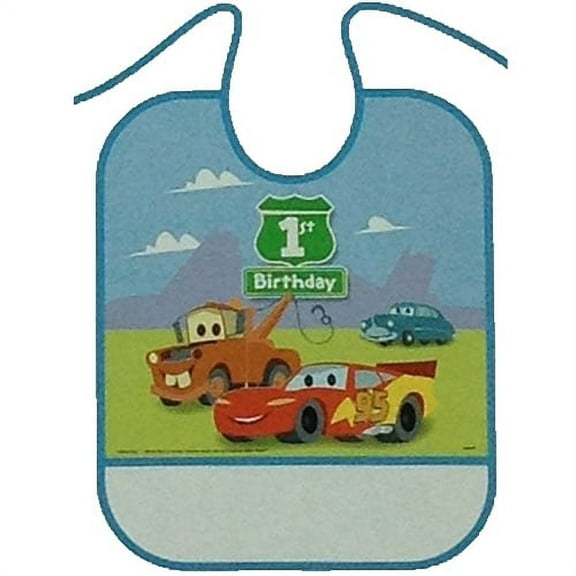 Various Cars 1st Birthday Blue Plastic Bib, 1 Piece