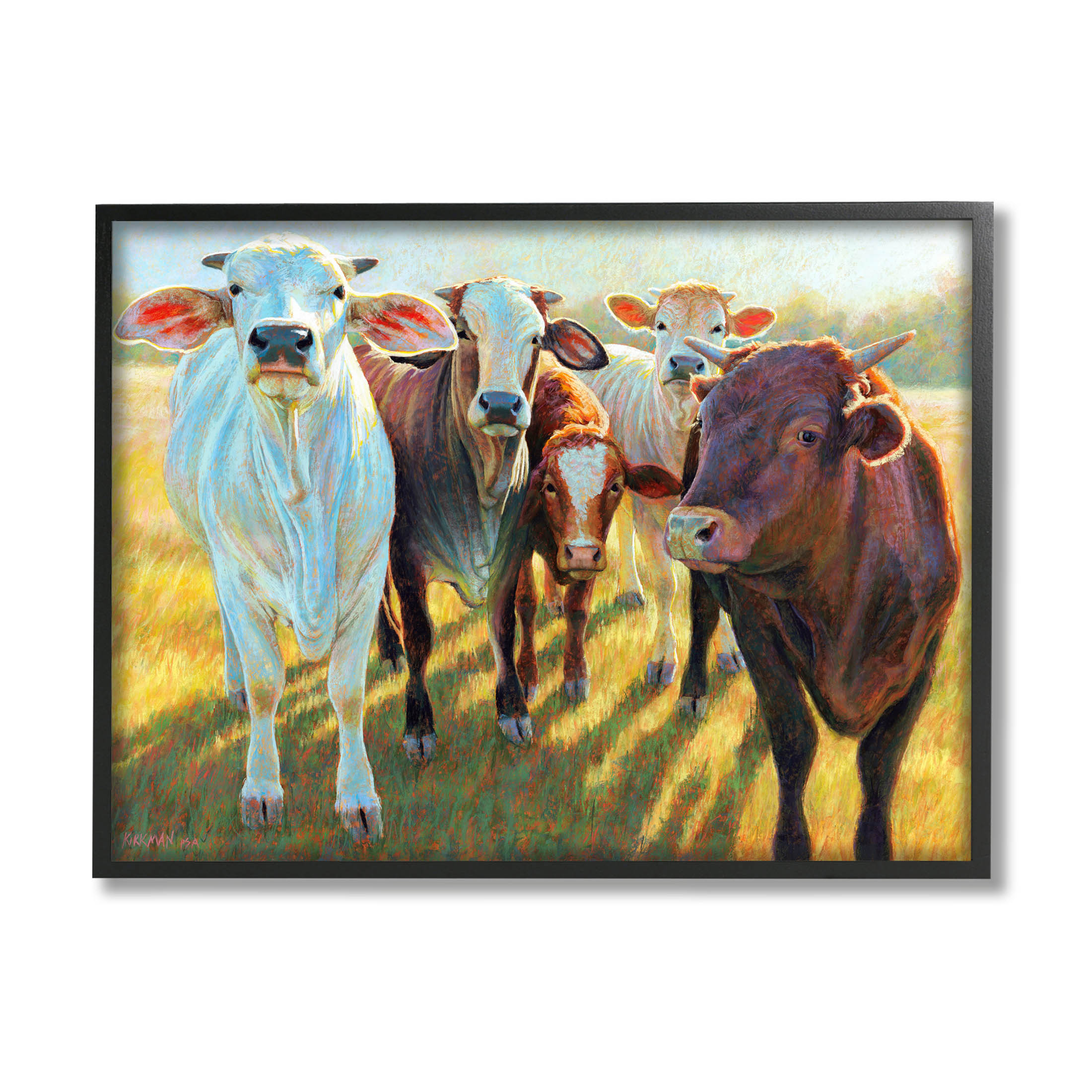Various Cattle Sunny Farmland Field Animals & Insects Painting Black Framed Art Print Wall Art