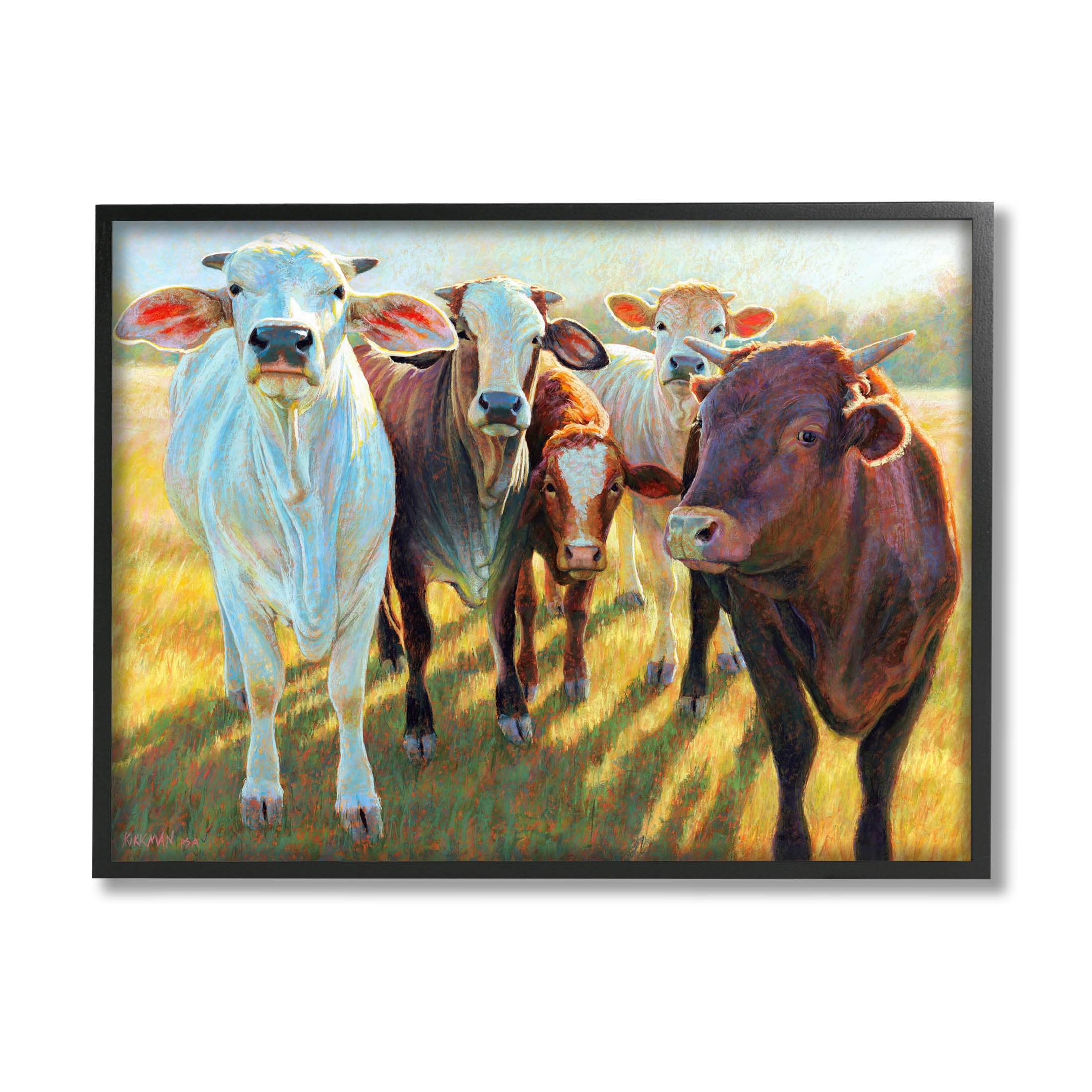 Various Cattle Sunny Farmland Field Animals & Insects Painting Black Framed Art Print Wall Art