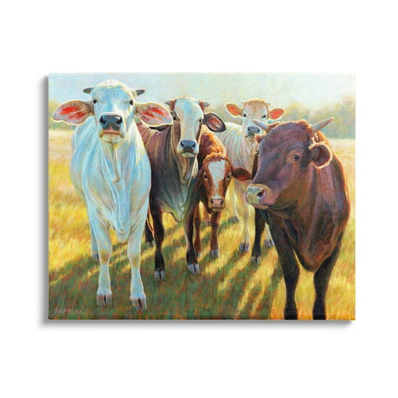 Various Cattle Sunny Farmland Field Animals & Insects Painting Gallery Wrapped Canvas Print Wall Art