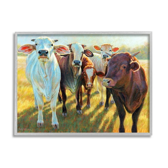 Various Cattle Sunny Farmland Field Animals & Insects Painting Gray Framed Art Print Wall Art