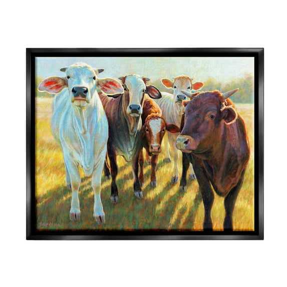 Various Cattle Sunny Farmland Field Animals & Insects Painting Jet Black Framed Art Print Wall Art