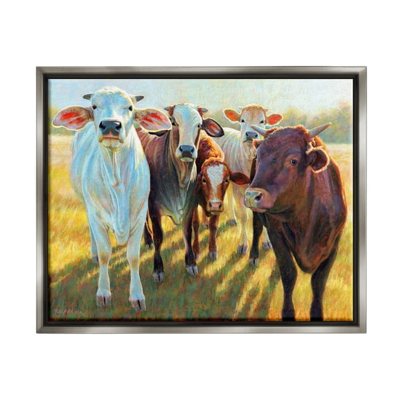 Various Cattle Sunny Farmland Field Animals & Insects Painting Luster Gray Framed Art Print Wall Art
