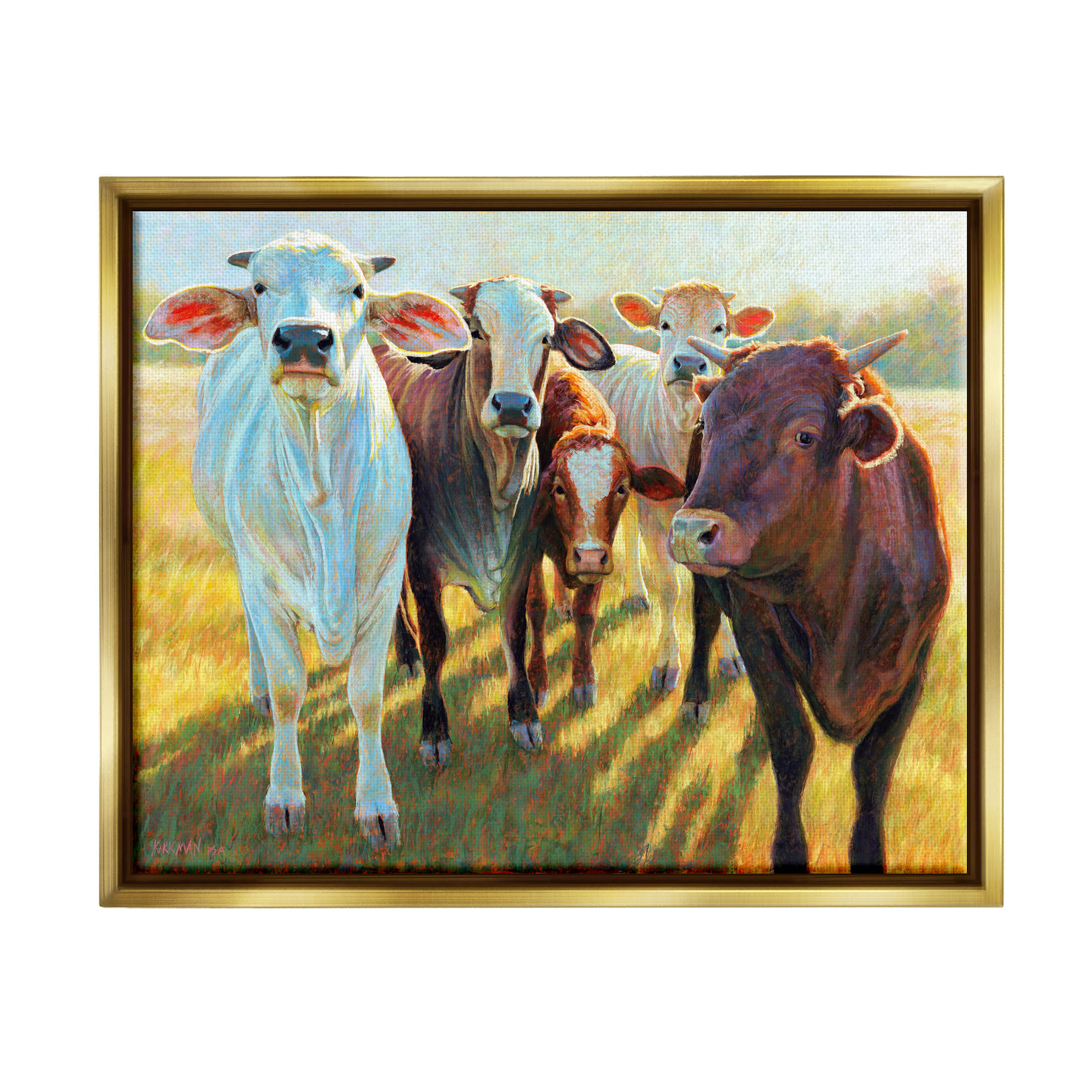 Various Cattle Sunny Farmland Field Animals & Insects Painting Metallic Gold Framed Art Print Wall Art