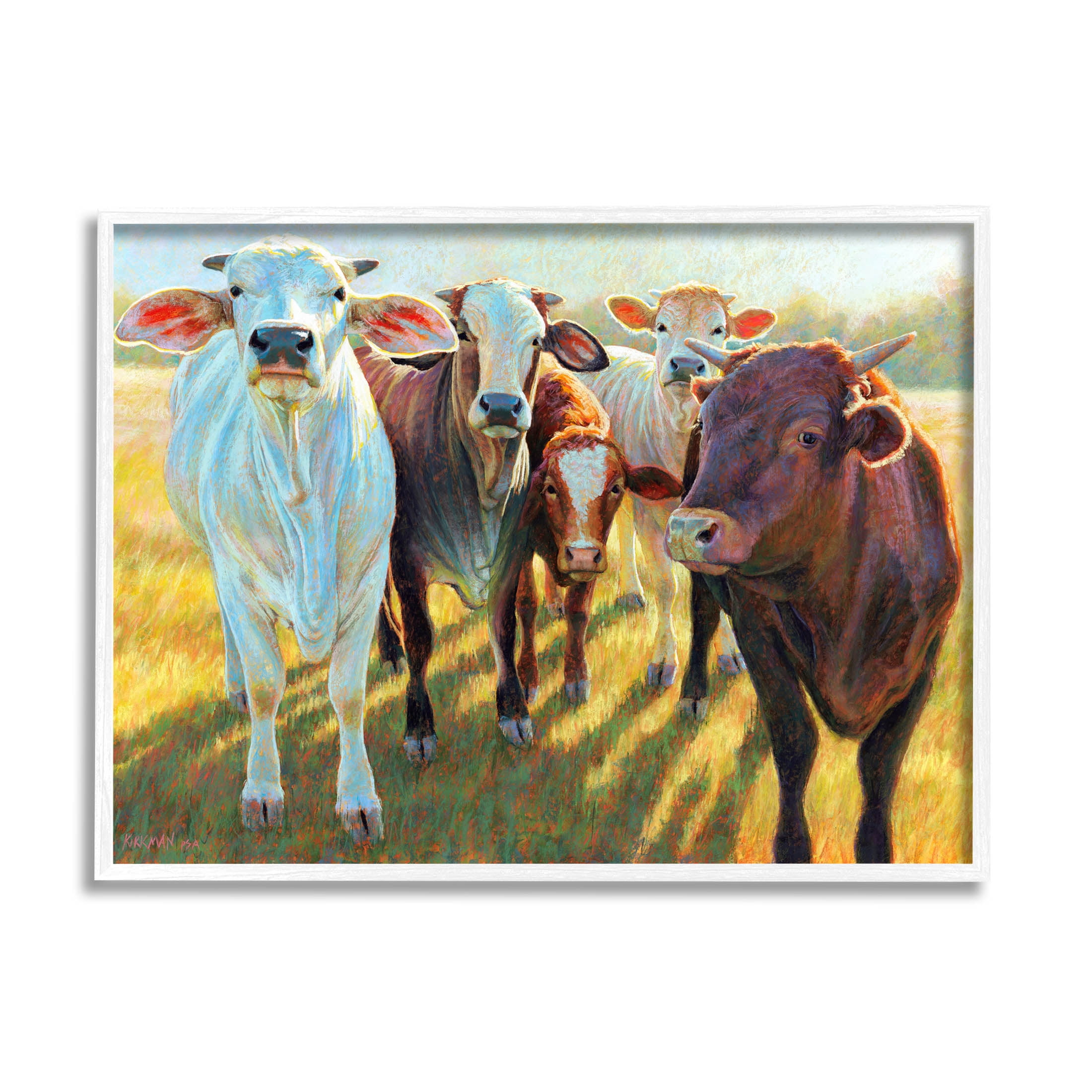 Various Cattle Sunny Farmland Field Animals & Insects Painting White Framed Art Print Wall Art