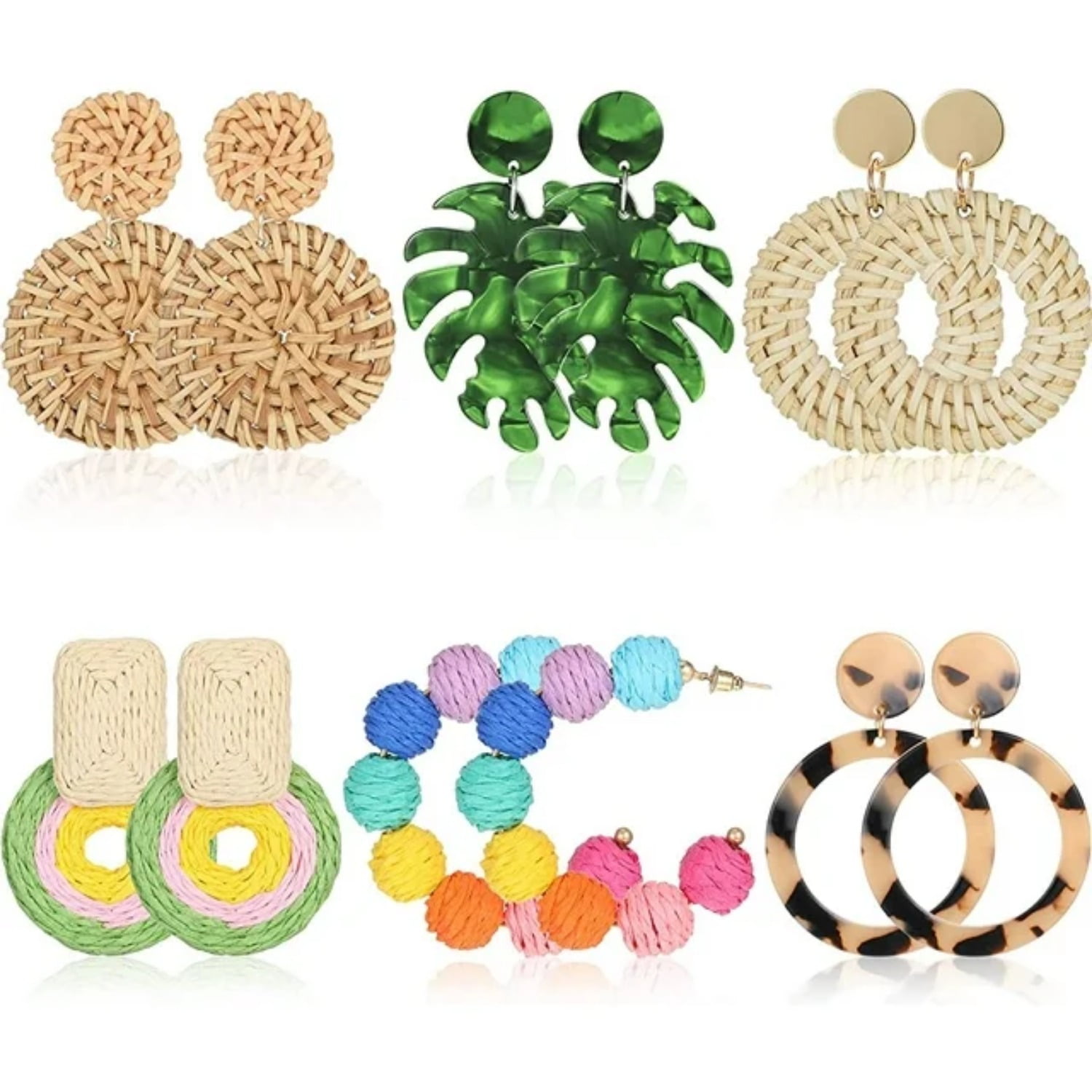 Hoyuwak 2 Pair Rattan Weave Earrings - Boho Raffia Dangle Hoops For Women (Beige & Khaki)